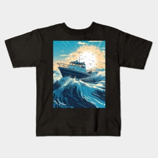 Motorboat Slicing Through The Waves Of A Vibrant Blue Ocean Kids T-Shirt